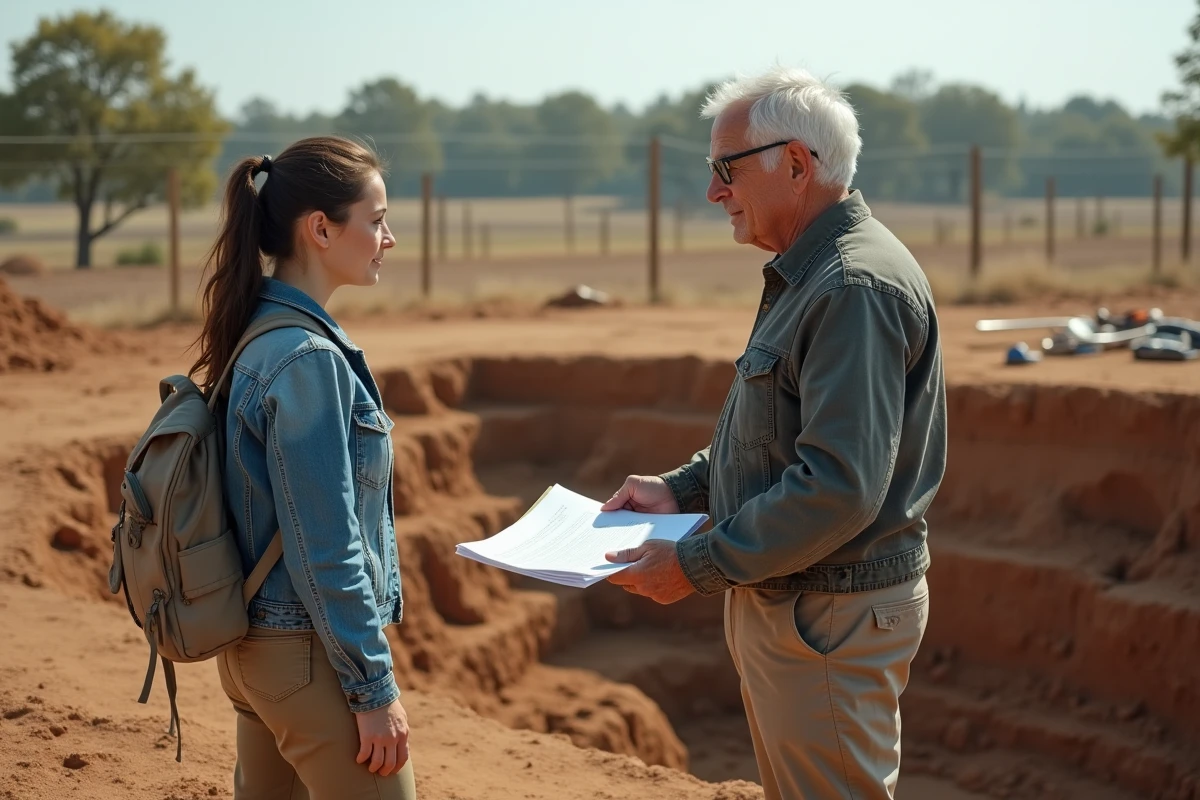 Jeune femme discutant avec un archéologue sur le site