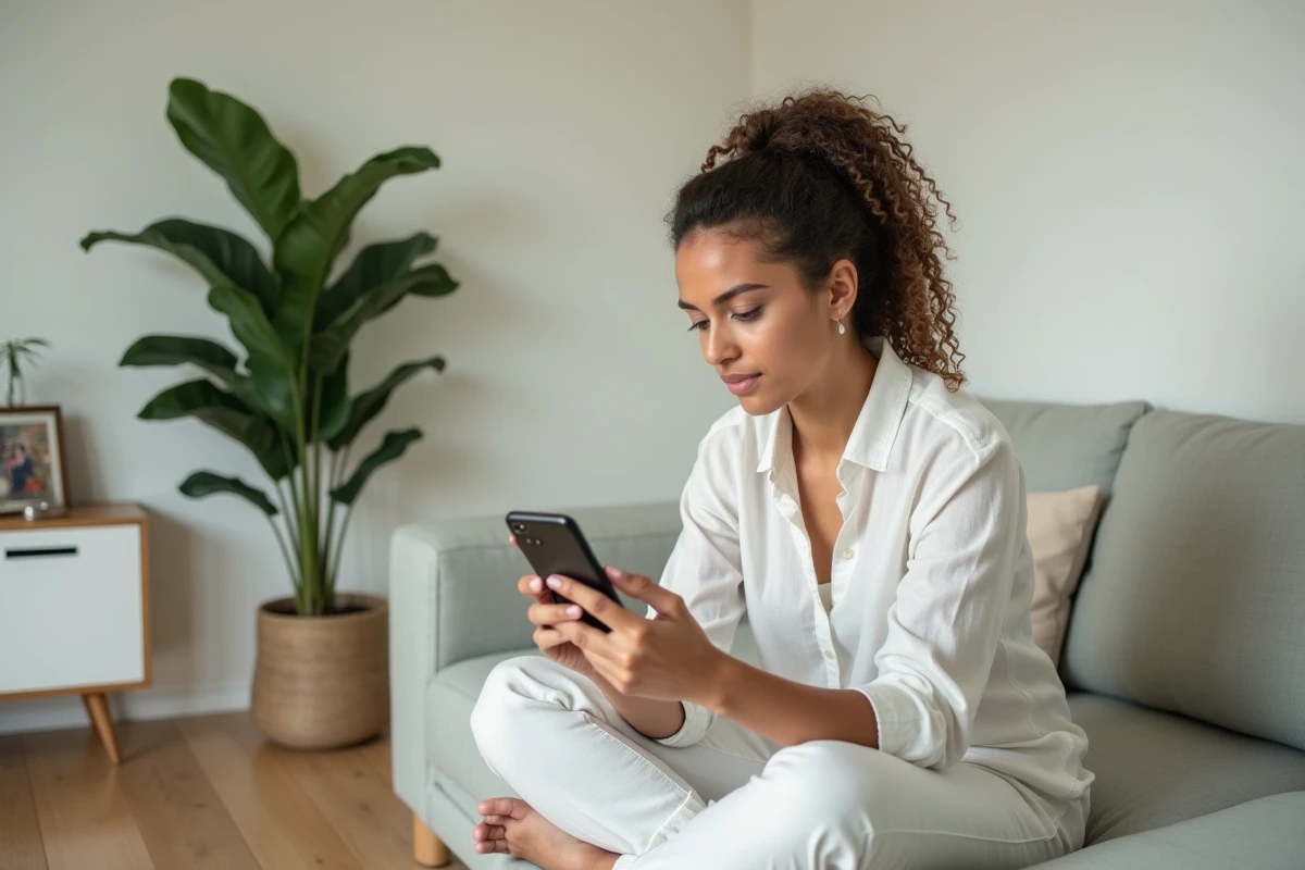 Jeune femme utilisant In li sur smartphone depuis son salon, navigation mobile au quotidien dans un cadre domestique moderne