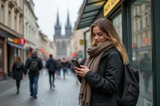 Jeune femme à Metz regardant son téléphone dans la rue