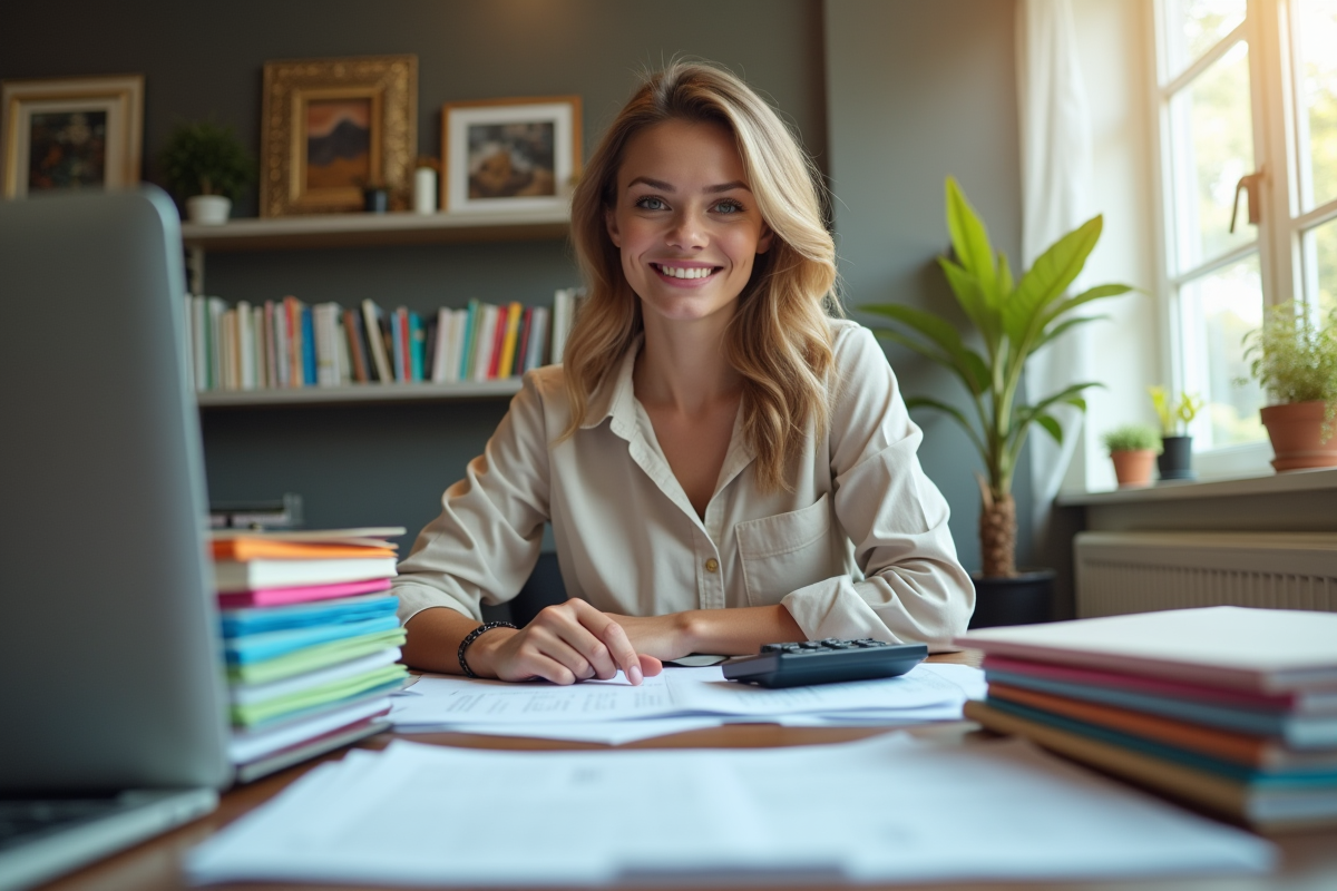 Jeune femme confiante à son bureau avec documents de prêt