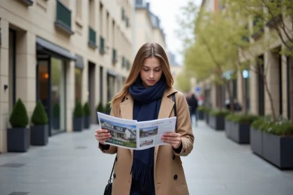 Jeune femme en trench et foulard &eacute;tudie une brochure immobili&egrave;re dans Nogent sur Marne