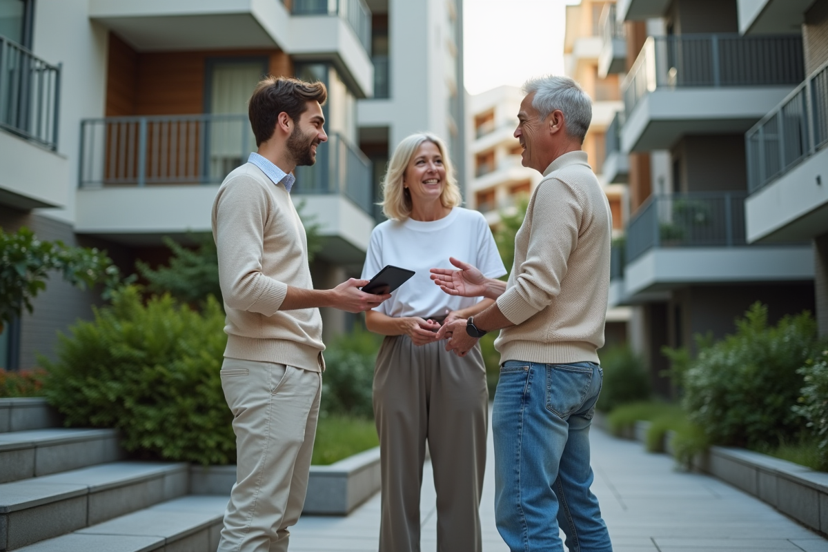 Jeune homme discutant avec un couple en extérieur