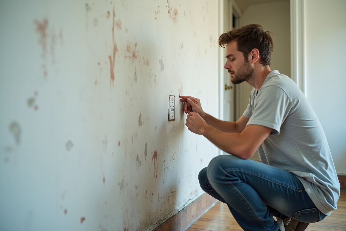 Jeune homme examinant une tache sur le mur intérieur
