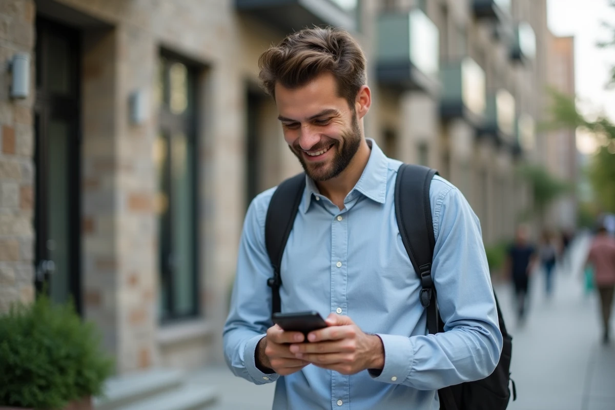 Jeune homme dans la rue v&eacute;rifiant ses annonces