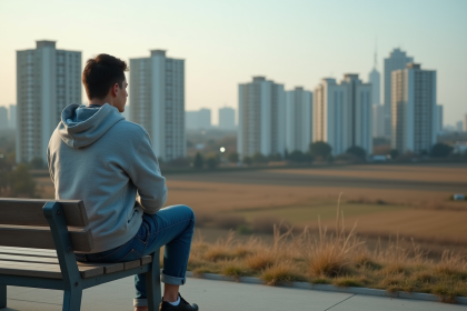 Jeune homme en hoodie sur un banc urbain avec immeubles en arri&egrave;re-plan
