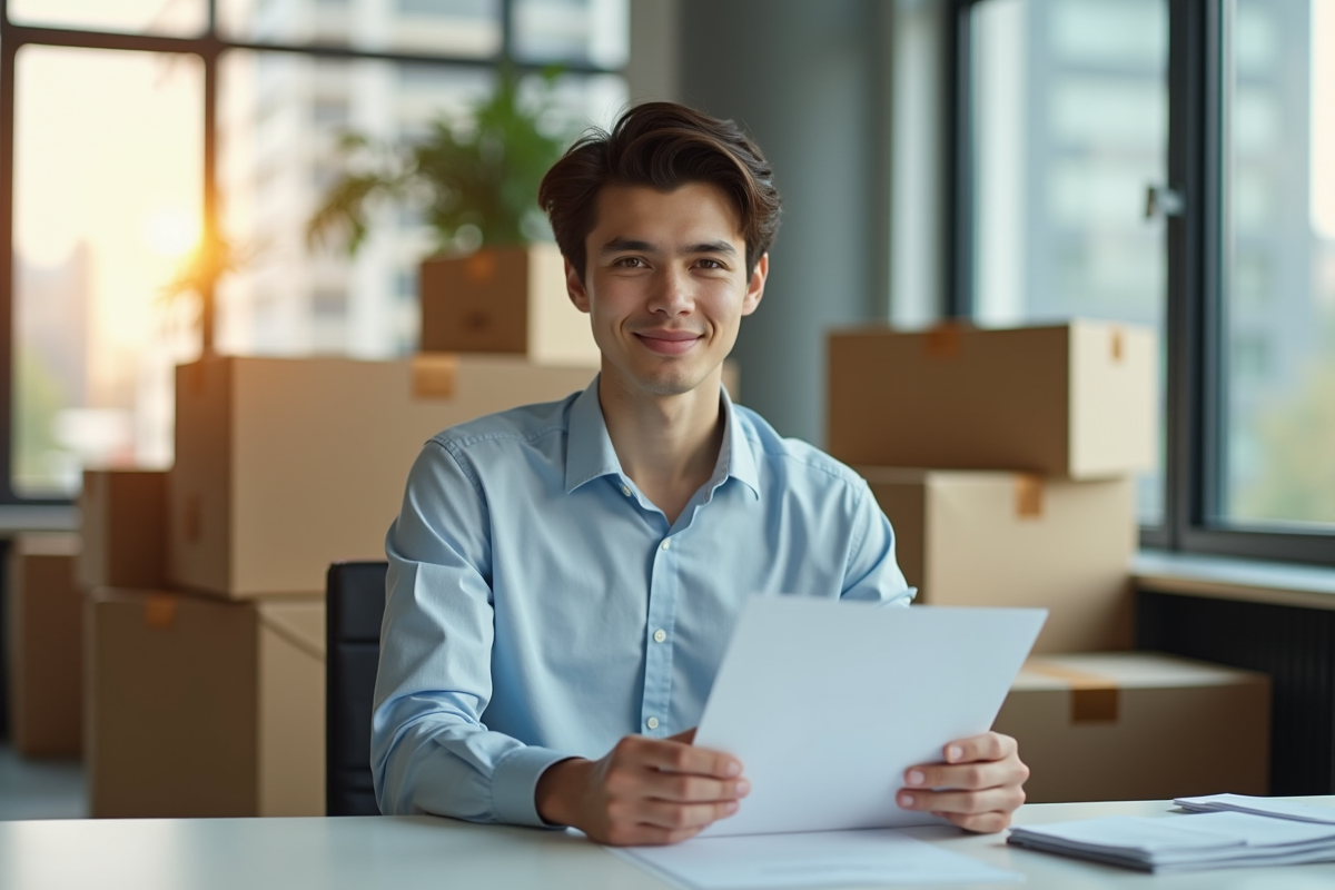 Jeune professionnel tenant un document dans un bureau moderne avec cartons en arrière-plan