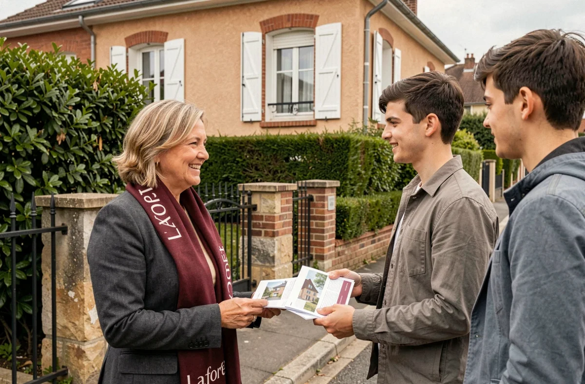 Agente de Laforêt Colombes présentant une maison pavillonnaire à des clients devant une propriété à Colombes