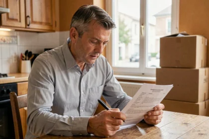 Locataire en appartement relisant son contrat de bail avant un départ anticipé, stylo en main, cartons de déménagement visibles en arrière-plan