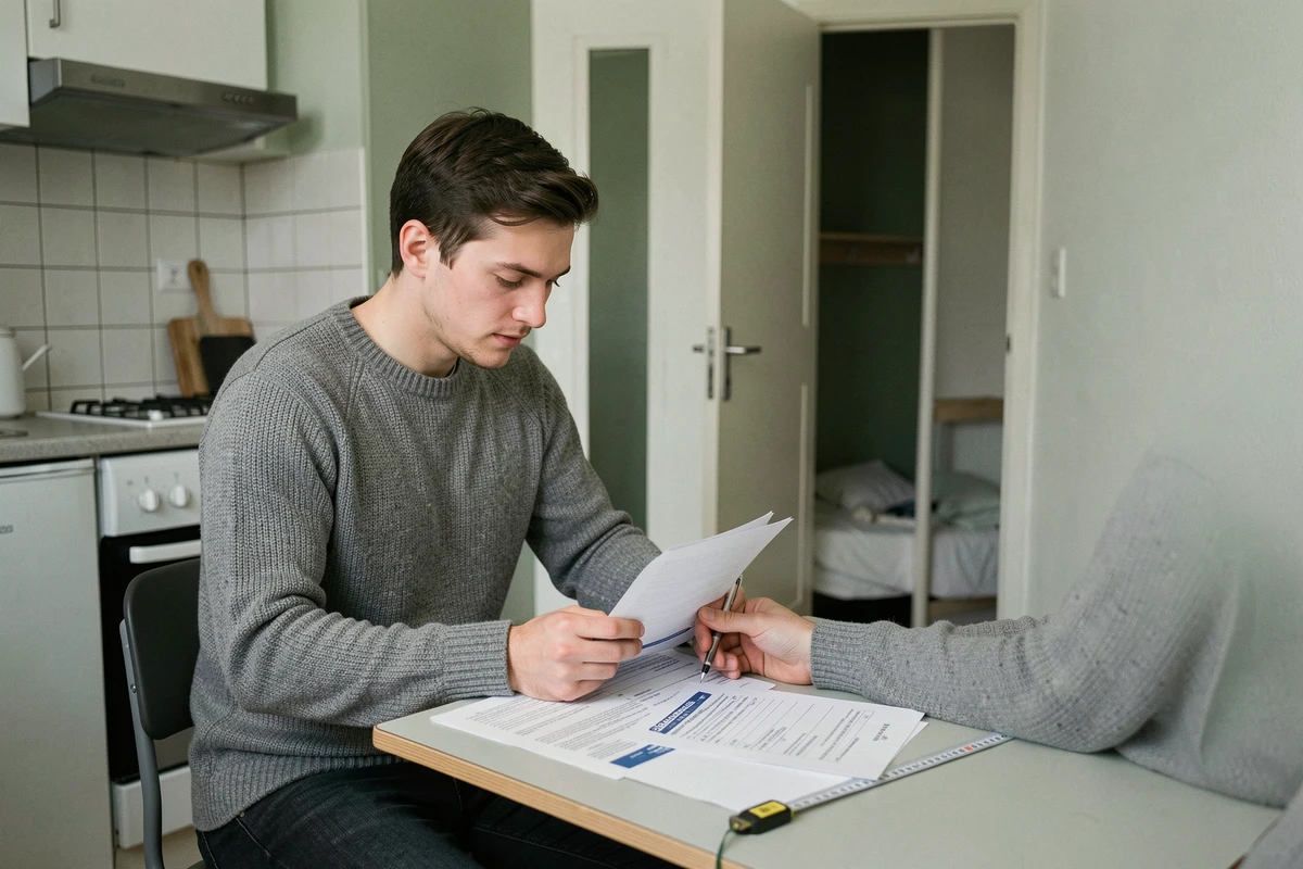 Locataire examinant un bail et des documents administratifs pour déclarer une petite chambre en résidence principale