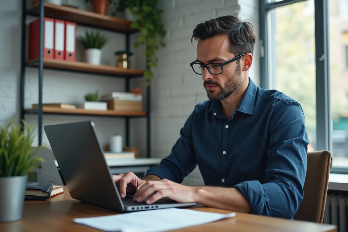 Locataire r&eacute;digeant une lettre de pr&eacute;avis de d&eacute;part sur ordinateur portable