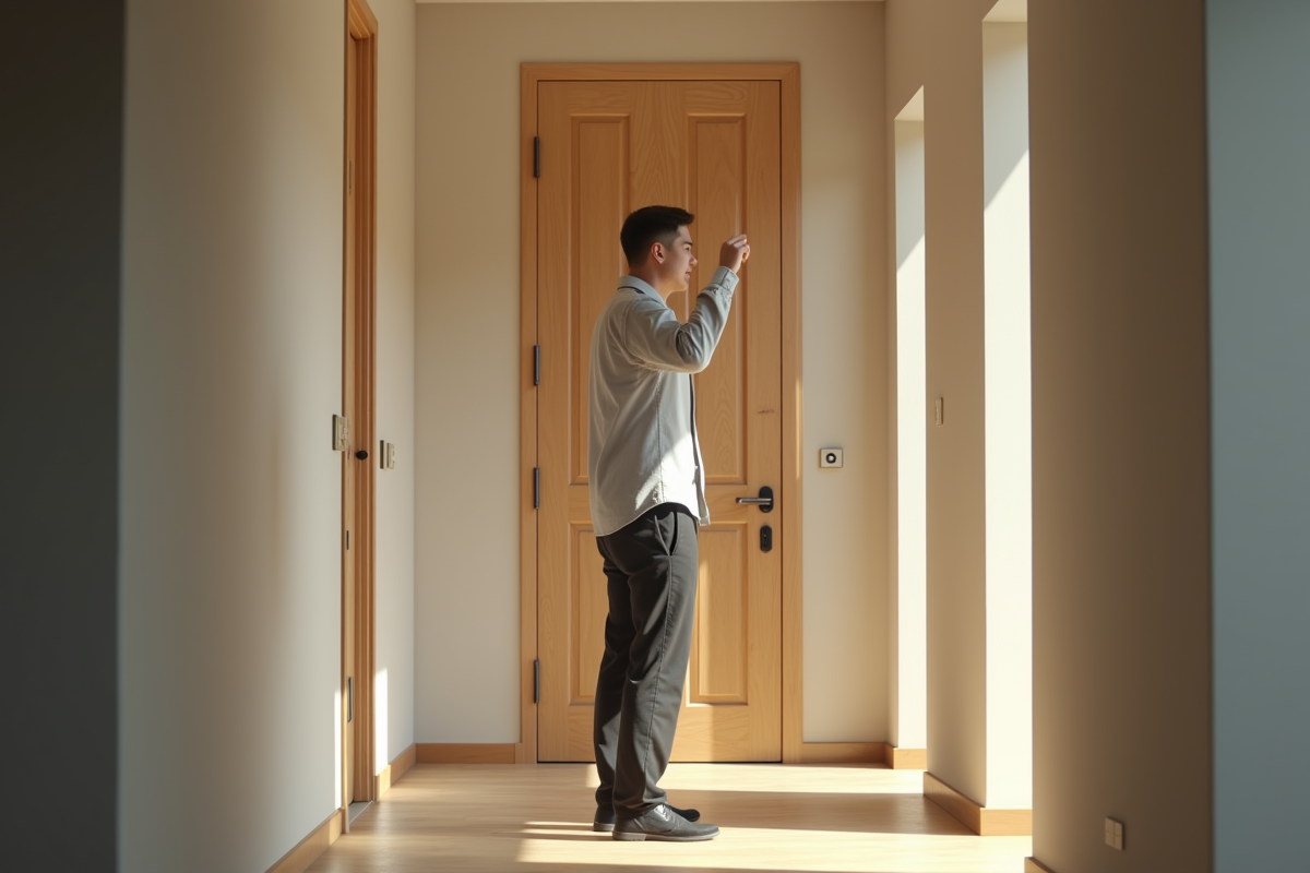 Locataire refuse l'entrée devant une porte d'appartement moderne