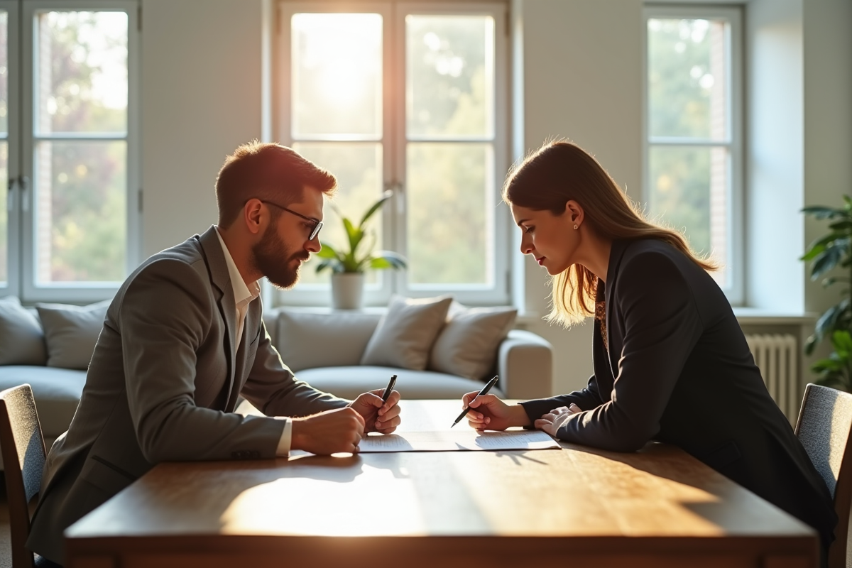 Propriétaire et locataire discutant dans un salon lumineux