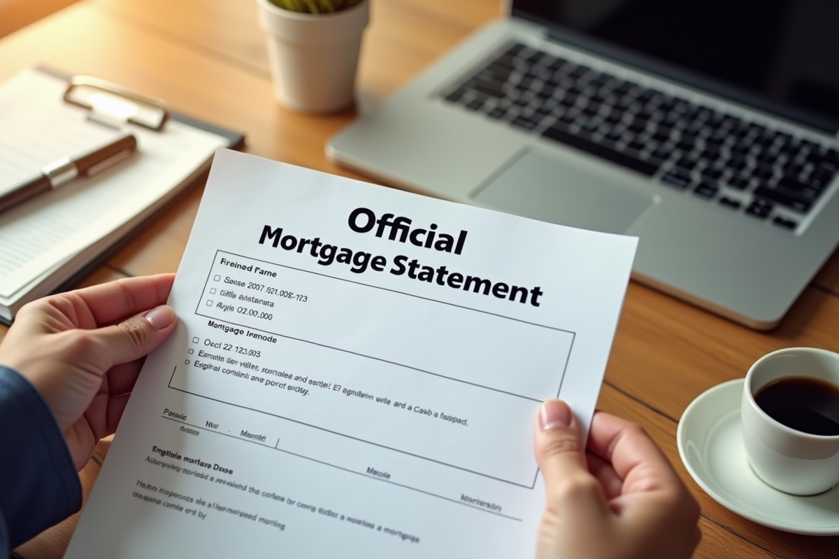 Mains tenant un document de mortgage sur un bureau en matinée