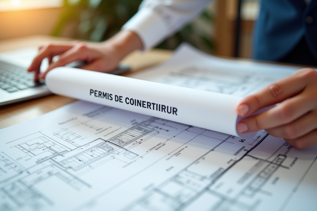 Mains feuilletant un permis de construire avec plans et ordinateur