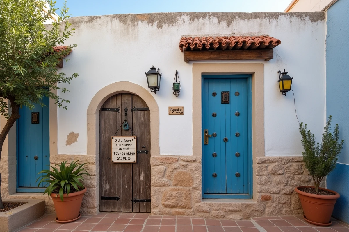 Petite maison marocaine avec jardin à louer à Essaouira, panneau de location visible sur le portail en bois