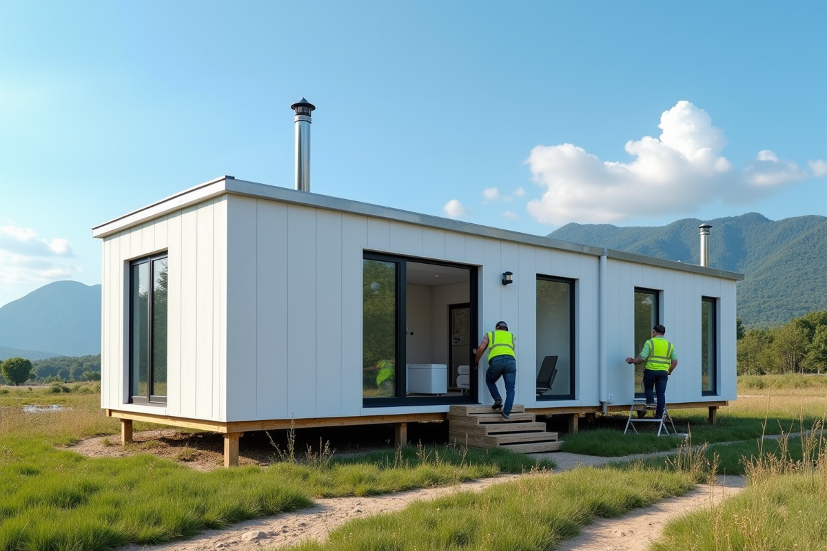 Installation d'une maison mobile dans la campagne française ensoleillée