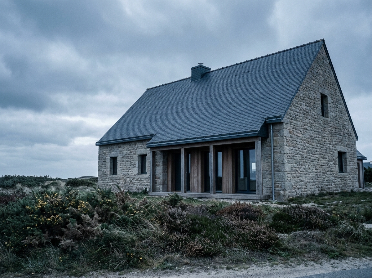 Maison neuve en Bretagne avec toit en ardoise et murs en granit adaptés au climat côtier breton