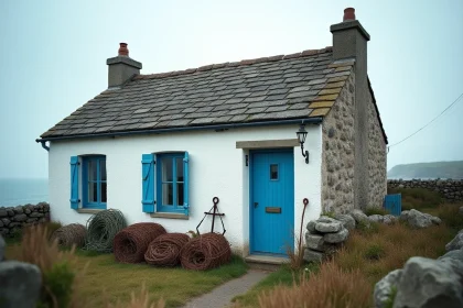 Maison de pêcheur en pierre avec volets bleus et casiers à homards sur la côte bretonne à vendre