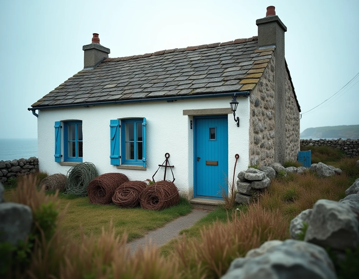 Maison de pêcheur en pierre avec volets bleus et casiers à homards sur la côte bretonne à vendre