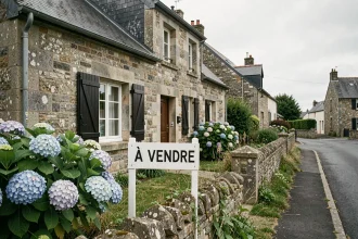 Maison en pierre bretonne à vendre en Morbihan avec panneau immobilier dans le jardin, façade en granit et volets fermés
