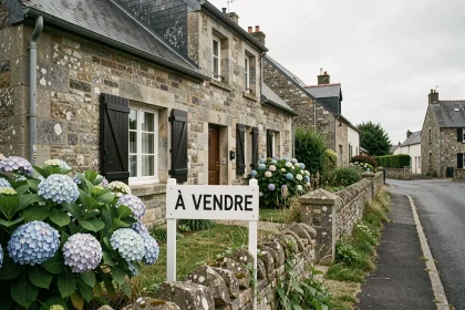 Maison en pierre bretonne à vendre en Morbihan avec panneau immobilier dans le jardin, façade en granit et volets fermés