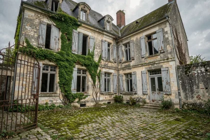 Façade d'un manoir abandonné en pierre avec volets gris et lierre envahissant, cour dégradée aux pavés moussus, illustration d'une ruine à rénover