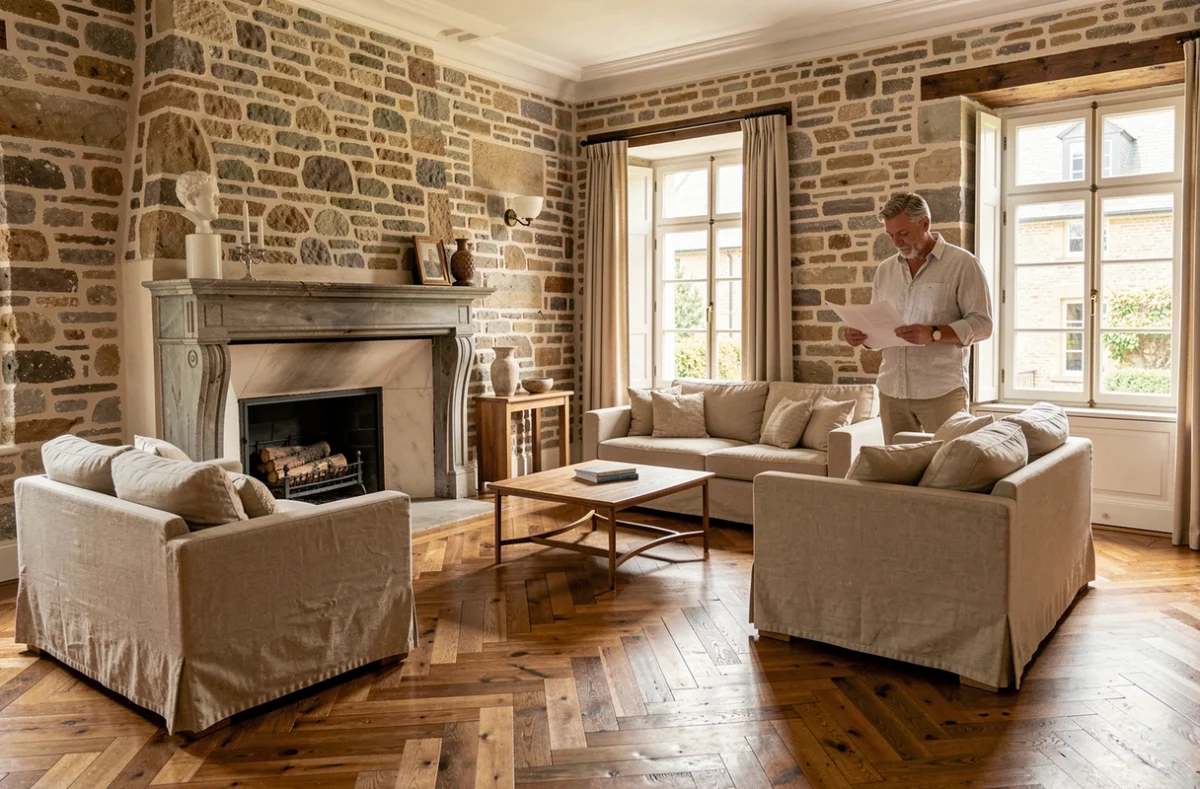 Salon d'un manoir entièrement rénové avec pierres apparentes, parquet en chêne et cheminée d'époque restaurée, résultat d'une rénovation réussie