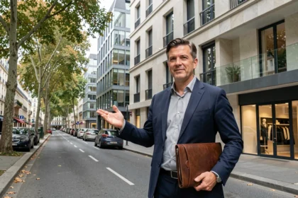 Agent immobilier professionnel devant un immeuble moderne dans les Hauts-de-Seine, illustrant le classement des meilleurs agents immobiliers de la région