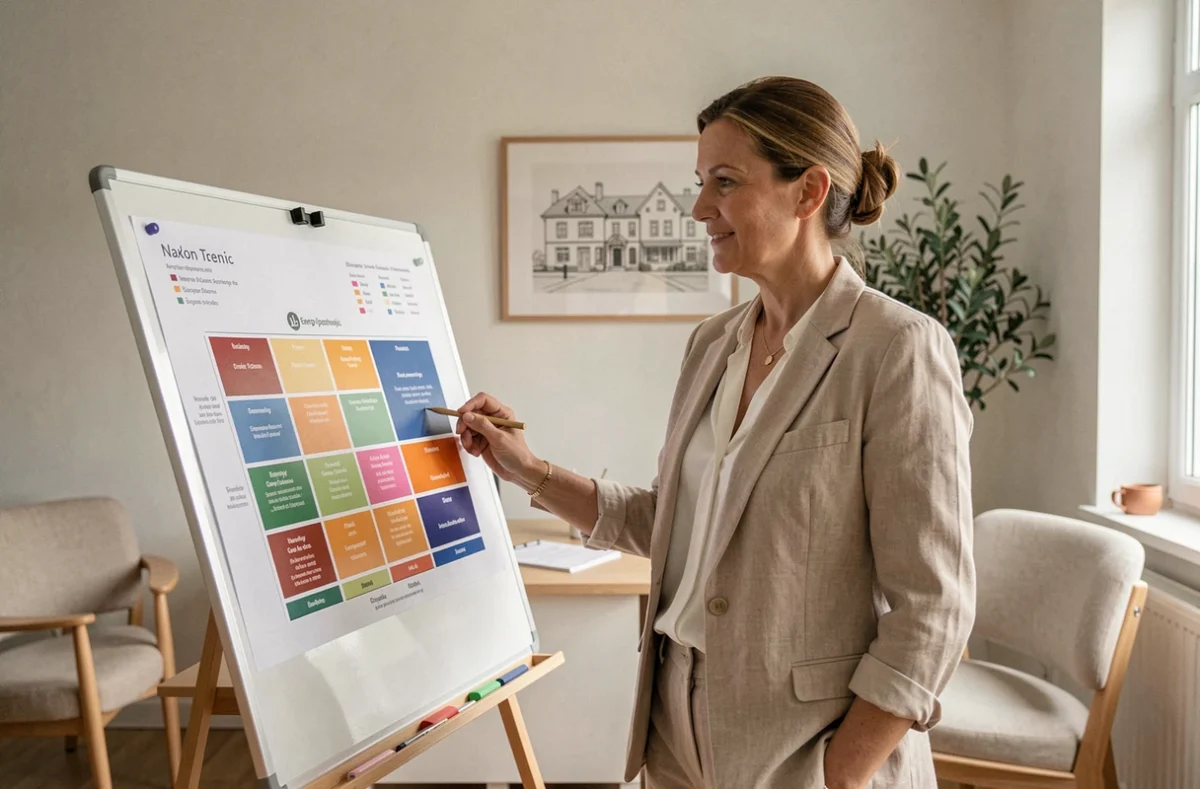 Consultante de Meriem Hall Concept présentant un tableau de diagnostic énergétique coloré dans un studio de conseil au design minimaliste