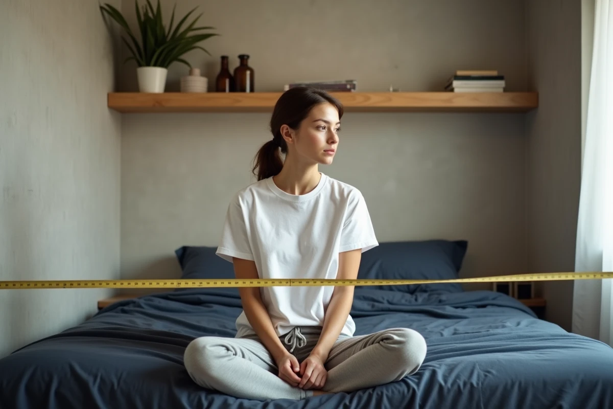 Jeune femme mesurant la superficie de sa petite chambre avec un m&egrave;tre ruban dans un appartement compact
