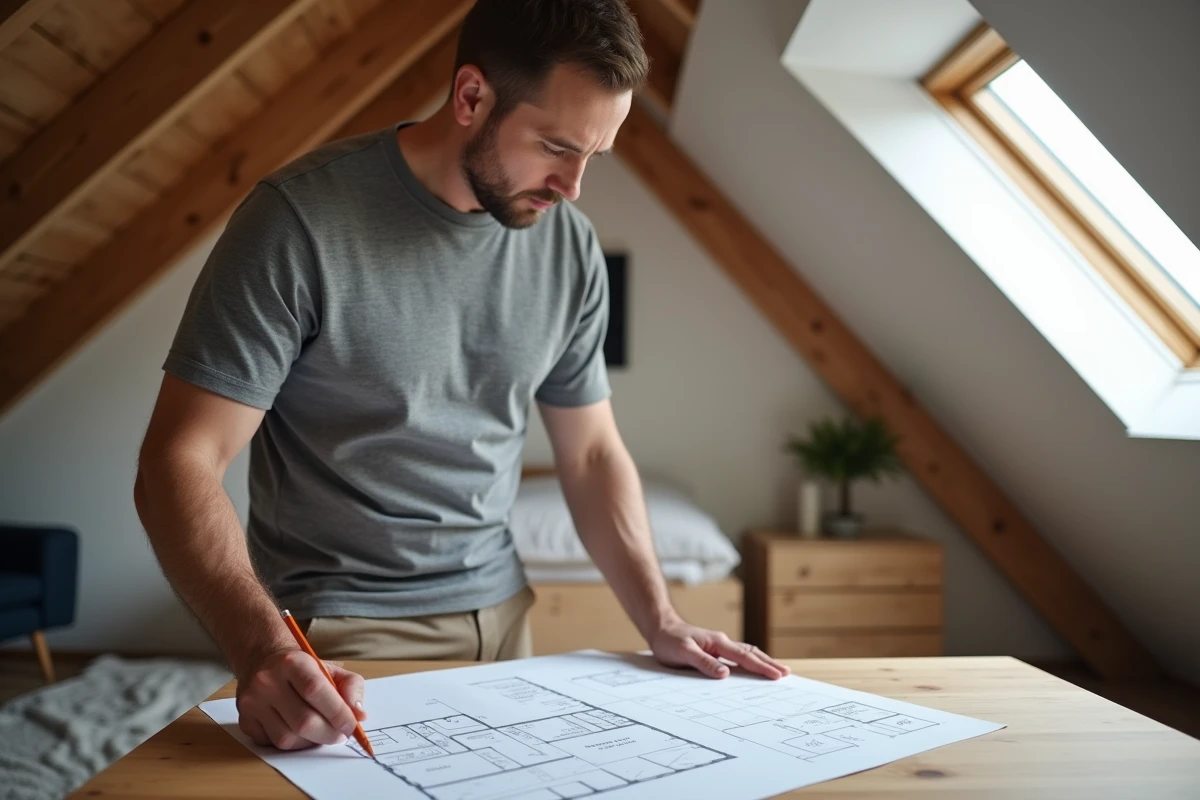 Homme calculant la surface d'une pièce sous pente avec un plan dessiné à la main dans un bureau en combles aménagés