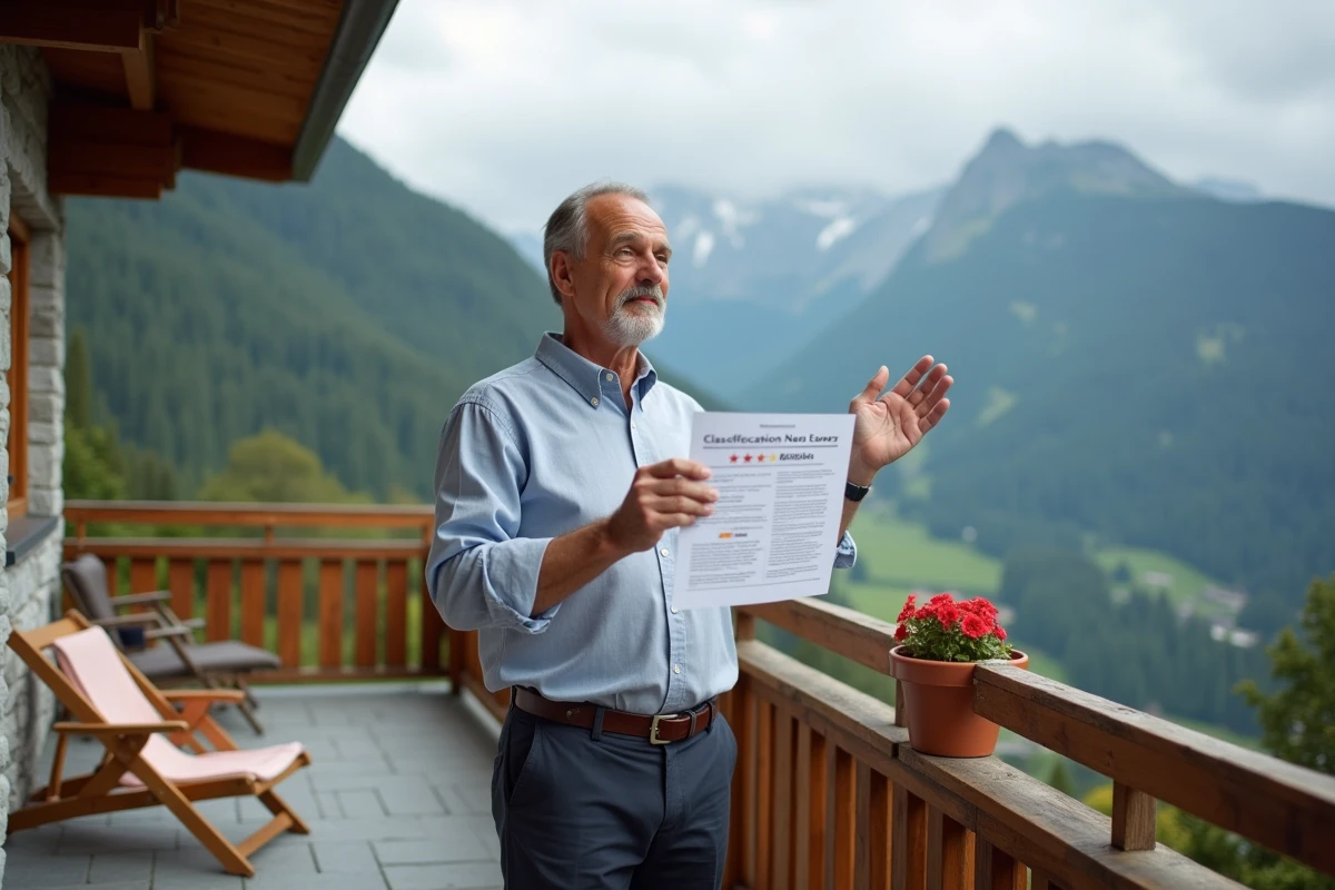 Propriétaire de meublé touristique classé examinant son attestation de classement sur une terrasse de chalet alpin