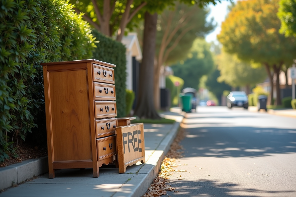 Meubles en bois usagés avec panneau gratuit sur trottoir