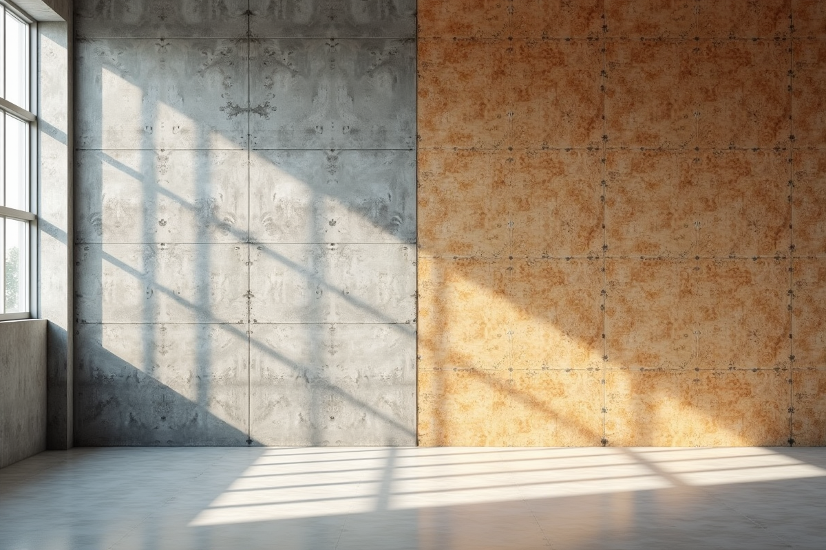 Mur en blocs de beton et panneau de bois OSB en intérieur lumineux