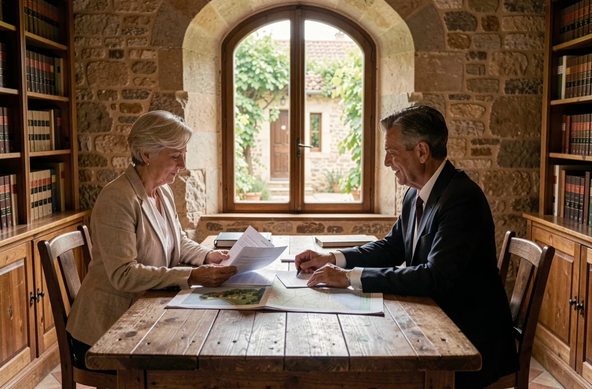 Femme négociant l'achat d'un domaine viticole bordelais avec un agent immobilier dans un château traditionnel