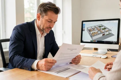 Agent immobilier et client en train de négocier un devis de visite virtuelle dans une agence moderne