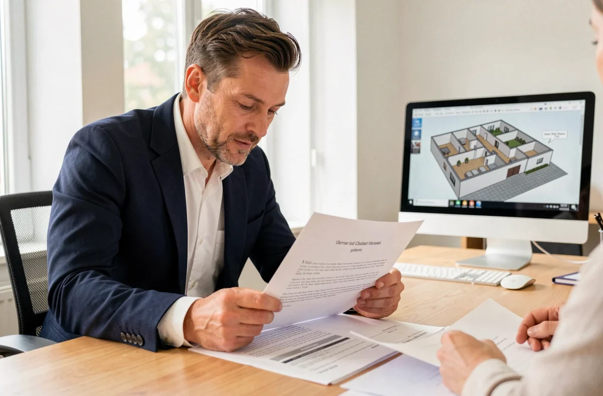 Agent immobilier et client en train de négocier un devis de visite virtuelle dans une agence moderne