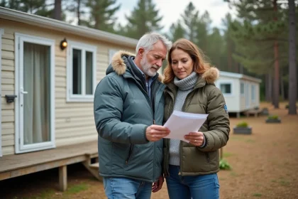 Couple négociant le prix d'un mobil home d'occasion dans un camping ouvert à l'année