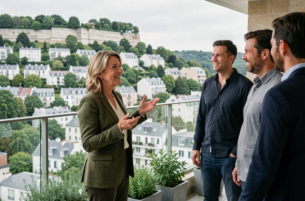 Conseillère Nestenn Suresnes présentant un appartement avec vue panoramique sur les collines de Suresnes à des acheteurs