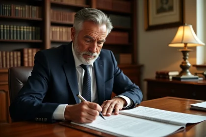 Notaire en costume marine examinant des documents de vente immobilière dans son bureau traditionnel, honoraires vendeur et frais de notaire