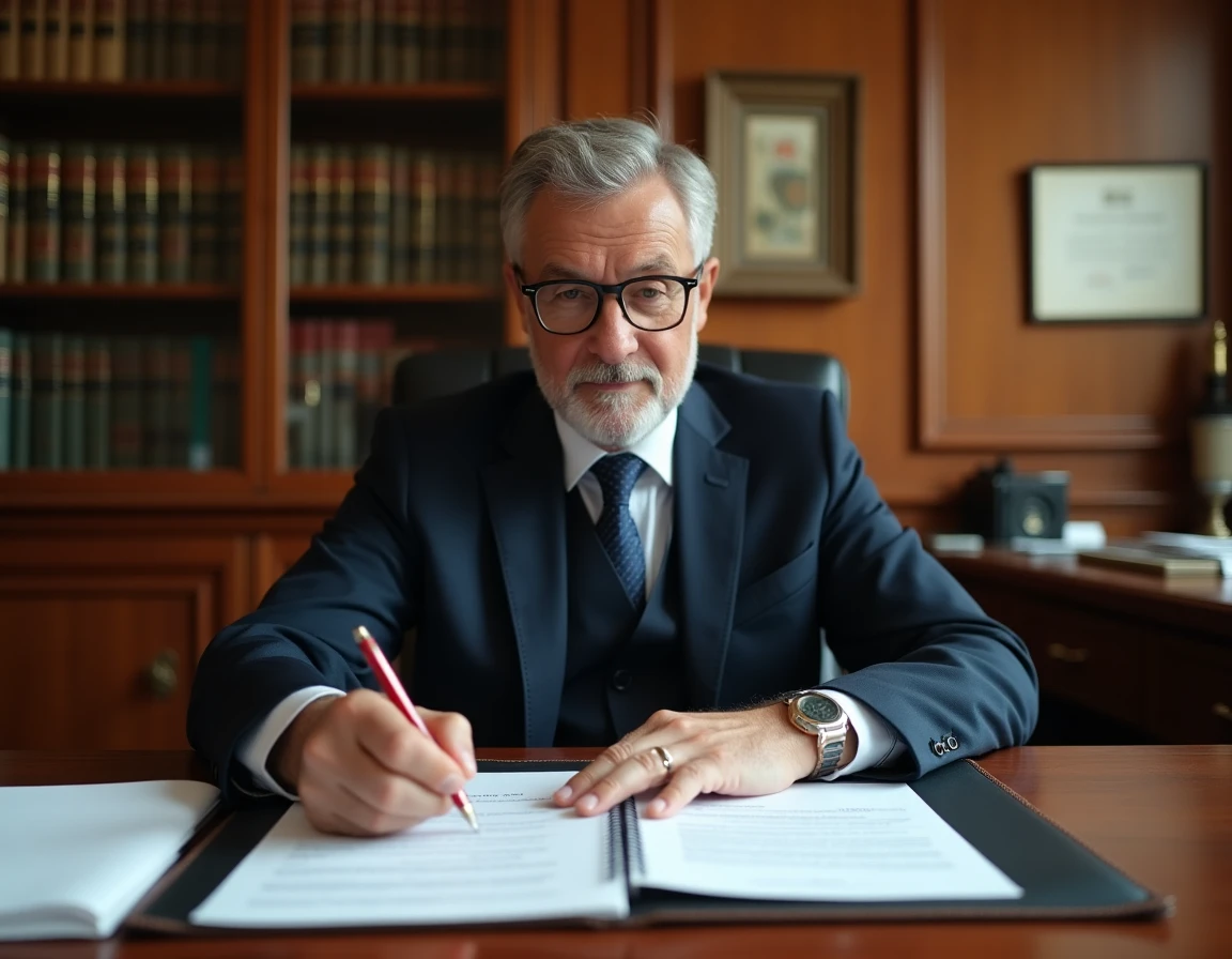 Notaire présentant un contrat de copropriété pour l'achat d'une parcelle en PRL, avec documents légaux sur le bureau