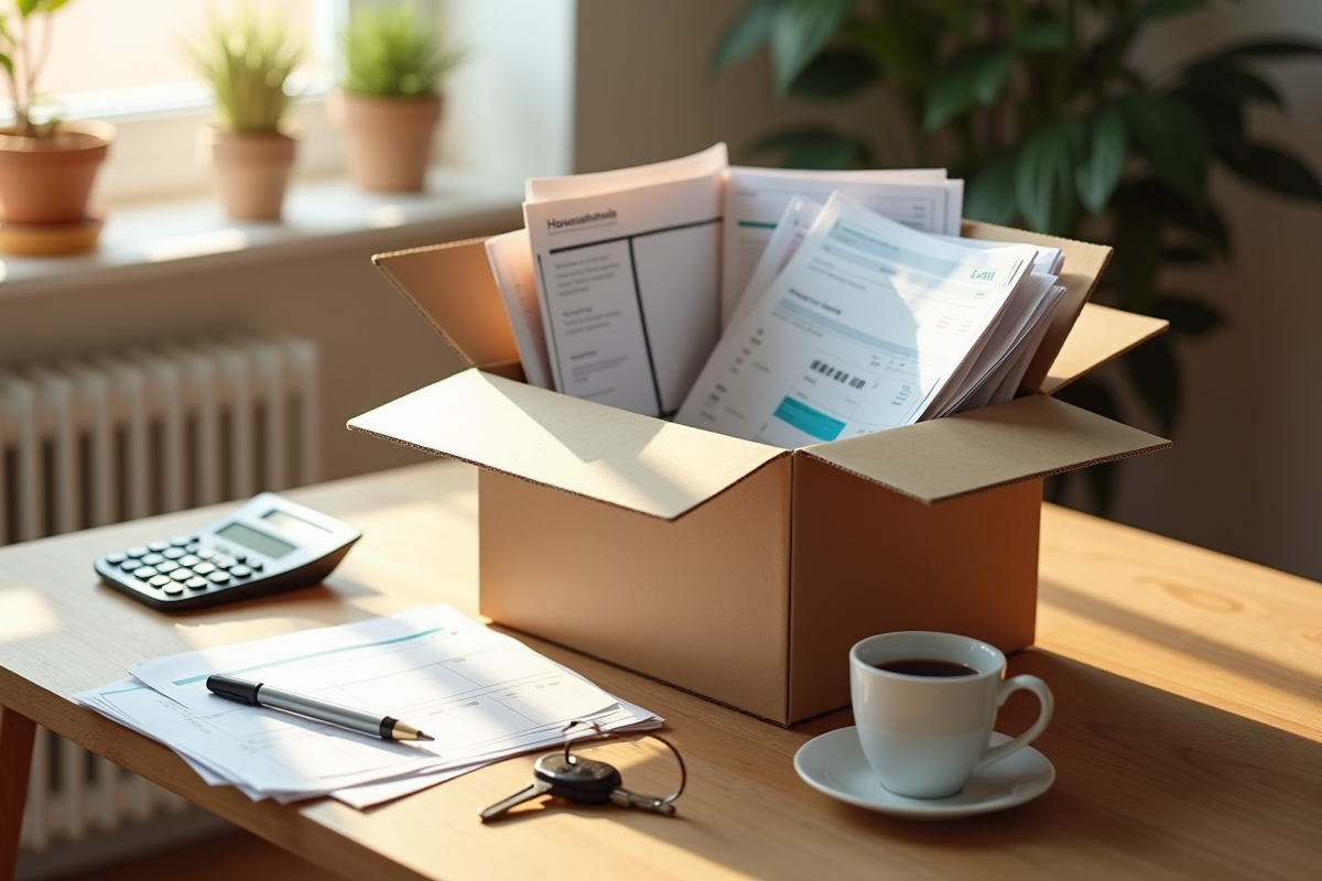 Boîte avec documents et calculatrice sur table de cuisine