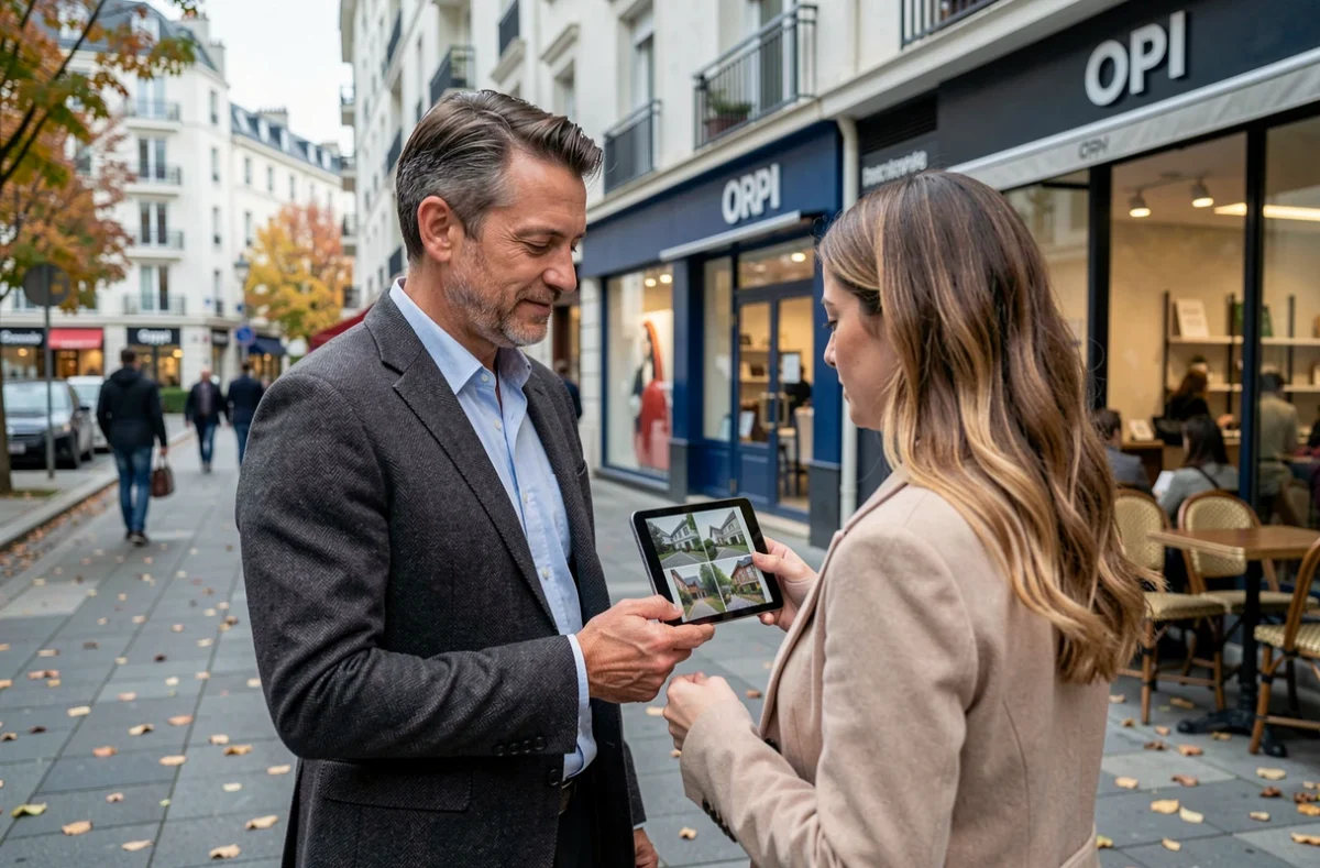 Conseiller Orpi Levallois-Perret présentant des biens sur tablette à une cliente devant l'agence dans une rue commerçante