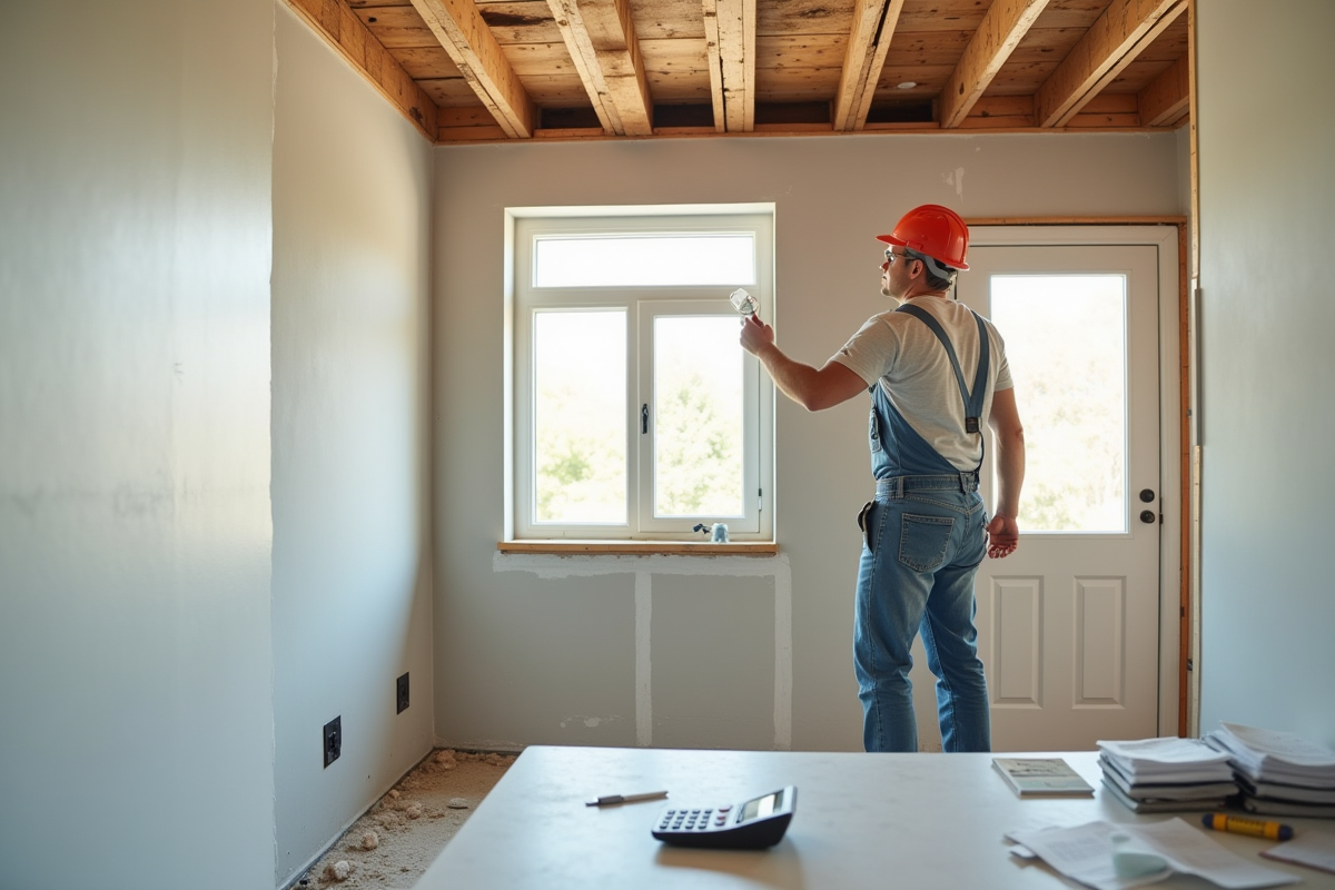 Ouvrier peignant mur dans maison renovée avec isolation