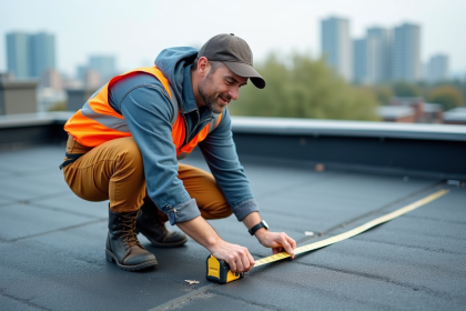 Ouvrier en travail sur un toit urbain avec vue sur la ville