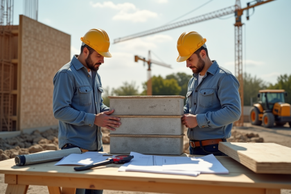 Deux ouvriers en construction examinant des blocs et panneaux