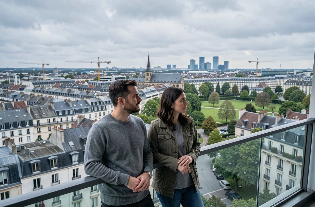 Couple observant le panorama urbain de la banlieue parisienne depuis un balcon en Île-de-France