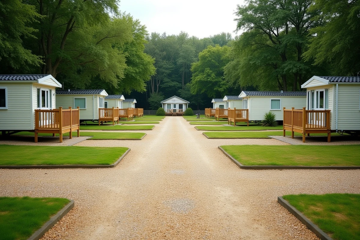 Vue panoramique d'un parc résidentiel de loisirs montrant des parcelles délimitées en copropriété avec chemins communs