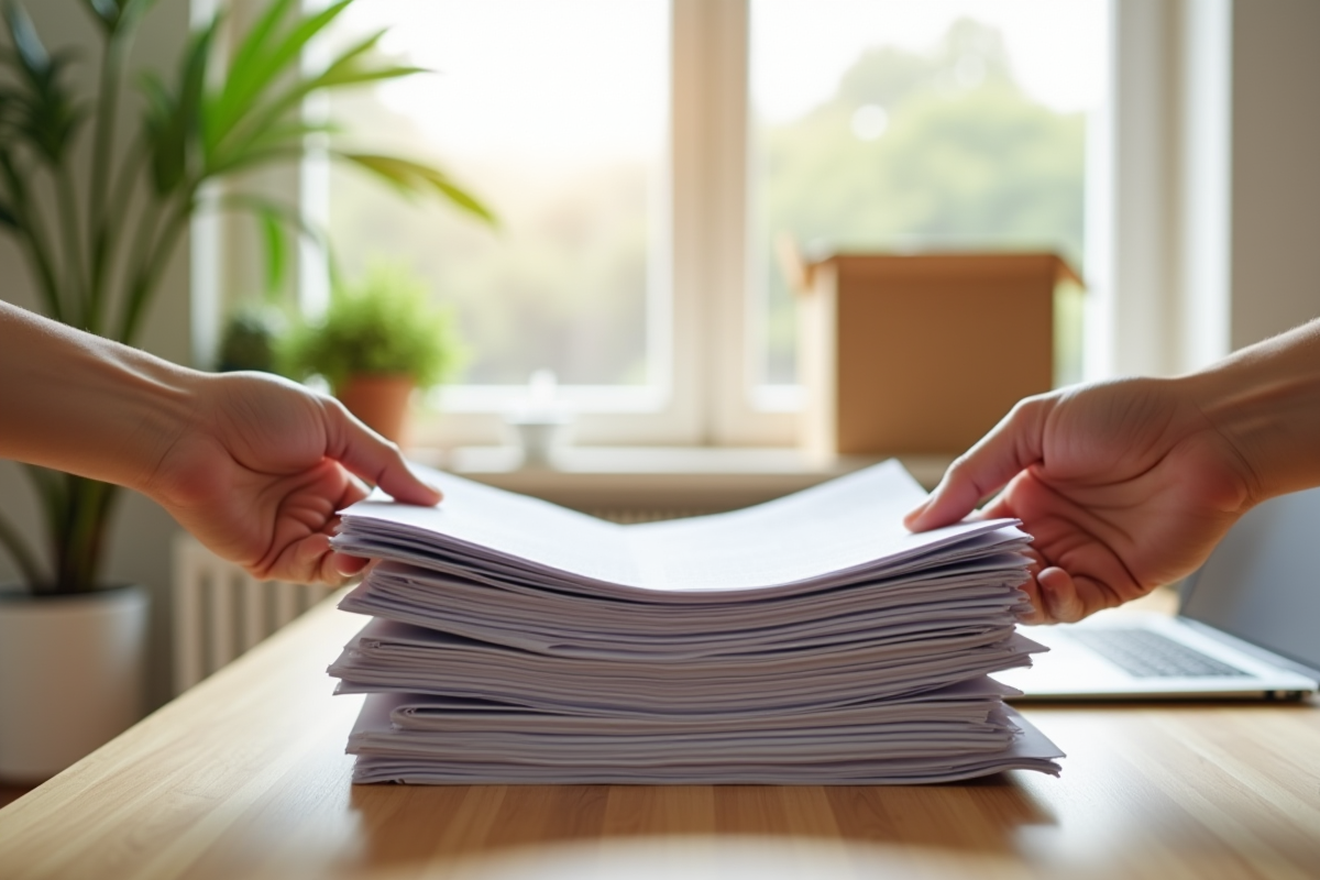 Mains échangeant des papiers dans une maison lumineuse avec cartons et plantes