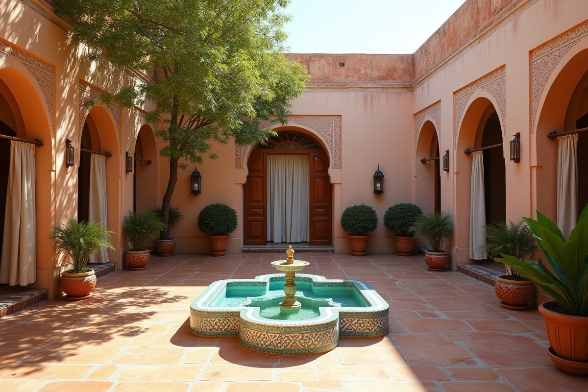 Patio intérieur d'une petite villa à Marrakech avec fontaine en zellige et arches en stuc, quartier résidentiel abordable